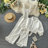 Holiday Wind Two Sets Of 2025 New Sling Folded Wide Leg Jumpsuit + Straight Short Sleeve Open-Sleeved Shirt Shirt Female Trend