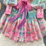 2025 Spring Dress Women's New Dress Elegant Collar Lantern Sleeves To Close The Waist Print Lotus Leaf Side Skirt