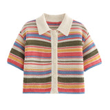 Z Autumn New Striped Printed Short Sleeve Clip Sleeve Casual Shorts Striped Knitted Sling Vests