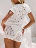 2025 Spring And Summer New Women's Shawl Short Hollow Knitted V-Necked Shirt Shorts Lace