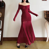 2025 Autumn And Winter New Women's Pure Color Temperament Sexy Word High Waist Waist Dress Dress Women