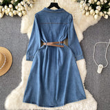 Vintage Water Wash Denim Dress Women's Autumn New High-End Thin Temperament Waist Single Buckle Long Skirt