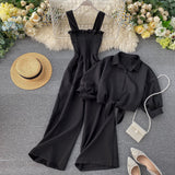 Holiday Wind Two Sets Of 2025 New Sling Folded Wide Leg Jumpsuit + Straight Short Sleeve Open-Sleeved Shirt Shirt Female Trend