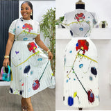 Miyaji Fashion Set Women's Summer French High-Grade Folding Print Short-Sleeved Top + Loose A Word 100-Fold Long Skirt