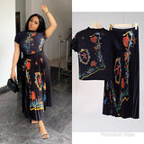 Miyaji Fashion Set Women's Summer French High-Grade Folding Print Short-Sleeved Top + Loose A Word 100-Fold Long Skirt