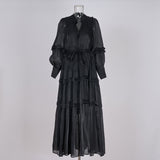 Elegant Temperament Dress 2025 New V-Neck Lantern Sleeves Folded Long Silk Dress Dress