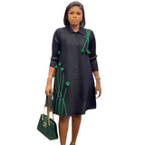 Folded Large-Size Dress New 2025 Autumn Dress Collar Print Loose Large-Size Fat MM Thin Single-Drinker