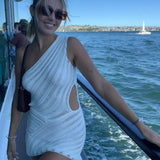 2025 Summer Design Stitching Oblique Shoulder Hollow Perspective Solid Color Sexy Knitwear Women's Dress