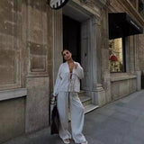 Spring And Summer Women's Solid Color Tie Shirt Broad Leg Trousers Set Casual Two Sets