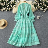 French Retro V-Neck Lace To Receive Waist Long Sleeve Dress Female Thin High Sense Elegant Long Dress