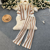 Women's Summer V-Neck Loose Knitted Cardigan Top + Broad Leg Trousers Set With Striped Hollow Set