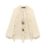 Spring 2025 New Fashion Bow Tie With Folded French Lantern Sleeve Shirt