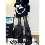 Vintage High Street Design Hair-Side Micro-Tipped Jeans Women Autumn Low-Rise Loose Thin Broad Leg Trousers