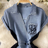 Vintage National Trend Denim Dress Women's New Chinese-Style Retro Embroidery Waist Thin Open Fork Ass Fashion Dress