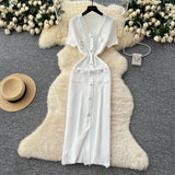 Small Fragrant Style High-End Hair-Side V-Neck Short-Sleeved Knitted Dress Women's Summer Waist Single Buckle-Clove Long Dress