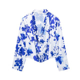 Blue-Print Casing Shirt 2025 Spring And Summer Collar Long-Sleeved Short Leisure Shirt Woman