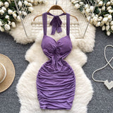 Hottie Wind Hanging Neck Sling Dress Women Summer Shiny Folds Design Ass Short Skirt