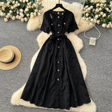 Summer Dress French Retro Heavy Industry Hollow Embroidery Round Neck-Waist Short-Sleeved Dress Female Thin Single Row Buckle Long Skirt