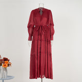 Elegant Temperament Dress 2025 New V-Neck Lantern Sleeves Folded Long Silk Dress Dress
