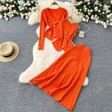 Small Fragrant Style Wears Women's Three-Piece Set Of Sleeveless Vest Metal Buckle Long-Sleeved Knitted Skirt