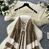 Tourism National Style Wearing Holiday Dress Retro Strap Design Spliced Flowers Hanging Loose Dress Skirt Skirt