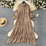 Artistic Retro Casual Dress Women's 2025 Spring Folding Lantern Sleeve Casual Loose Single-Dripple Shirt Long Dress