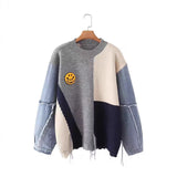 Autumn And Winter Cowboy Sleeve Splicing Bumpy Smiley Face Loose-Fitting Sweater Round Collar Knitted Bottoming Shirt Woman