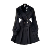 Black Suit Collar Dress Woman 2025 Autumn High-End Double Buckle Waist Long Sleeves Small Black Dress Skirt