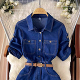 Light Luxury Famous Feudal High-Level Feeling Polo Collar Denim Dress Women Summer Fork Belt Design Niche Temperament Dress