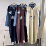 Autumn/Winter 2025 New Cowboy Splicing Knitted Two-Piece Collar Dress Flower Nails Decorated Long Dress Woman