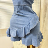 2025 Summer Elastic Waist Sexy Cowboy Sling Dress Lotus Side Ass Short Skirt Girl