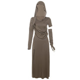 In The Fall Of 2025, The New Women's Folded Hooded Desert Body Repair Waist-Skin Open-Fork-Packed Dress
