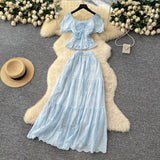 French Temperament Wears A Female Waist-Waisted Collar Bubble Sleeve Shirt High-Waisted Embroidered Half-Dressed Skirt Holiday Style Set