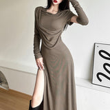 In The Fall Of 2025, The New Women's Folded Hooded Desert Body Repair Waist-Skin Open-Fork-Packed Dress