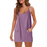 2025 Summer Solid Sleeveless Dress Fine Shoulder Strap Vest Skirt Sports Skirt Pocket