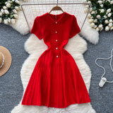 French Retro Collar Short-Sleeved Dress Female Fragrant Wind To Show Thin Temperament Single Buckle Age Sweater Skirt