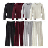 Multi-Color Double-Sided Cloth Body Round-Neck Long-Sleeved Head-Dressed Tight High-Waisted Straight Trousers Casual Suit Woman