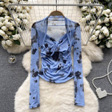Spice Girls Tie-Dye Mesh Jersey Long-Sleeved T-Shirt Girl Thin Perspective Temperament Fashion Folding Top