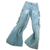 Vintage Multi-Pocket Workwear Jeans Women's Large Street Vibe High-Waist Broad Legs Casual Straight Pants