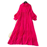 Artistic Retro Casual Dress Women's 2025 Spring Folding Lantern Sleeve Casual Loose Single-Dripple Shirt Long Dress
