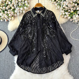 Ocean Gas Age Reduction Shirt Female French Heavy Industry Shiny Embroidery Diamond Set High-End Lantern Sleeve Thin Top Tide
