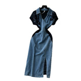 Light-Cooked Fashion Niche Fashion Heavyweight Diamond Lace Splicing Polo Collar Short Sleeves Denim Waist Dress Women's Summer Dress