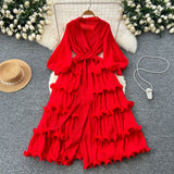 2025 New Elegant Dress Spring Dress High-End Retro Collar Lantern Sleeves To Close Waist Lotus Leaves Side Pressure Skirt Dress Woman