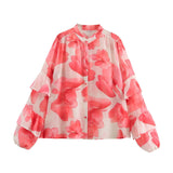 2025 Summer French Commuting Wind Tie Dye Floral Print Collar Long-Sleeved Loose Shirt