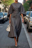 2025 Women's Fashion Temperament Elegant Solid Color Waist Dress Casual Bat Sleeve Dress