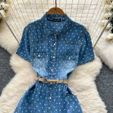 Light Familiar Style Niche Fashion Short-Sleeved Wave Dot Denim Dress Women's Waist Thin Temperament Elegant A-Word Shirt Skirt