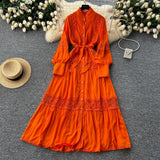 French High-End Retro Lace Splicing Pearl Single Buckle Thin Temperament Collar Lantern Sleeve Dress
