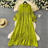 Artistic Retro Casual Dress Women's 2025 Spring Folding Lantern Sleeve Casual Loose Single-Dripple Shirt Long Dress