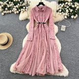French Retro Elegant Dress Women Winter High Hook Lace Splicing Mesh Yarn Irregular Knee Dress