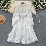 Court-Style Dress Woman's Spring 2025 New French Elegant Embroidered Lantern Sleeves Waist Single Buckle Large Swing Dress